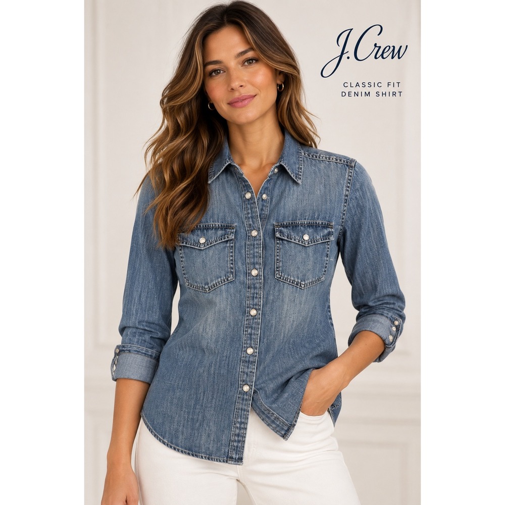 J.Crew Womens Medium Wash Denim Western Pearl Snap Shirt Size 0 Indigo Blue